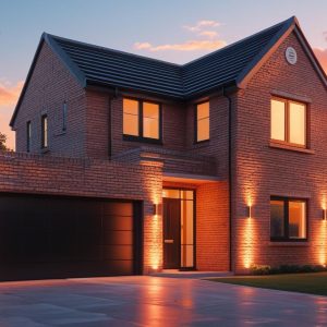 detached modern brick uk house with sun setting and bright lights from the gharage with a black door