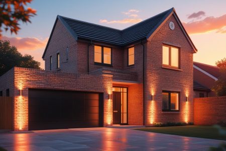 detached modern brick uk house with sun setting and bright lights from the gharage with a black door
