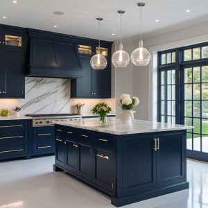 photo of a modern kitchen with dark blue cabinets and glass pendant lights over a marble island with french garden doors and white floors